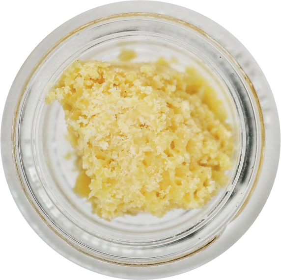 Pale yellow, dry texture crumble. Resembles honeycomb or Swiss cheese, in a jar. 